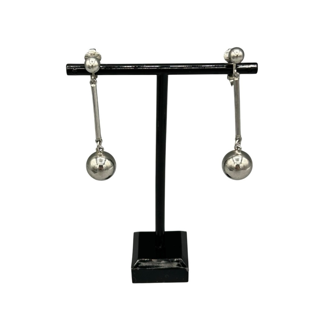Vintage Silver-Tone Clip On Dangle Earrings Modernist Ball Drop